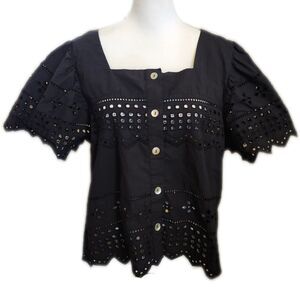 Artelier Nicole Miller Black Flutter Sleeve Square Neck Button Bouse, L